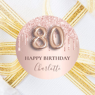 Sticker Rond 80e anniversaire rose or parties scintillant rose 