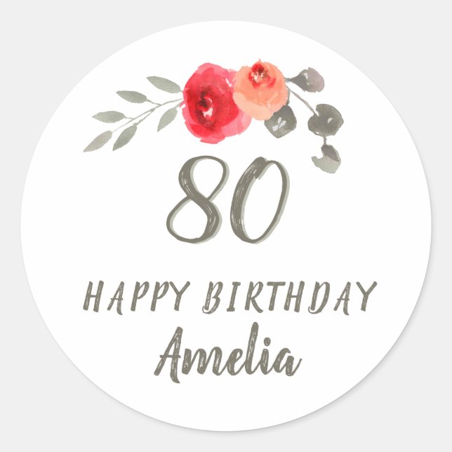 Sticker Rond 80e anniversaire Script Aquarelle Floral Femme (Devant)