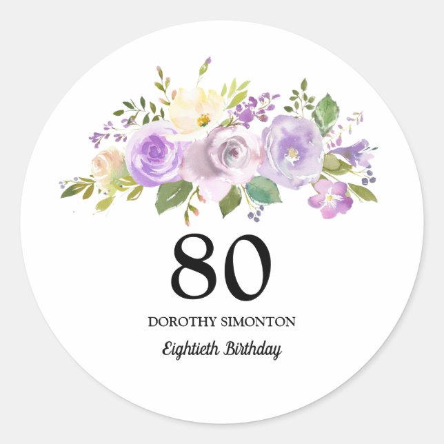Sticker Rond 80e fête d'anniversaire Rose violet Floral (Devant)