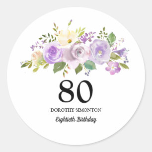 Sticker Rond 80e fête d'anniversaire Rose violet Floral