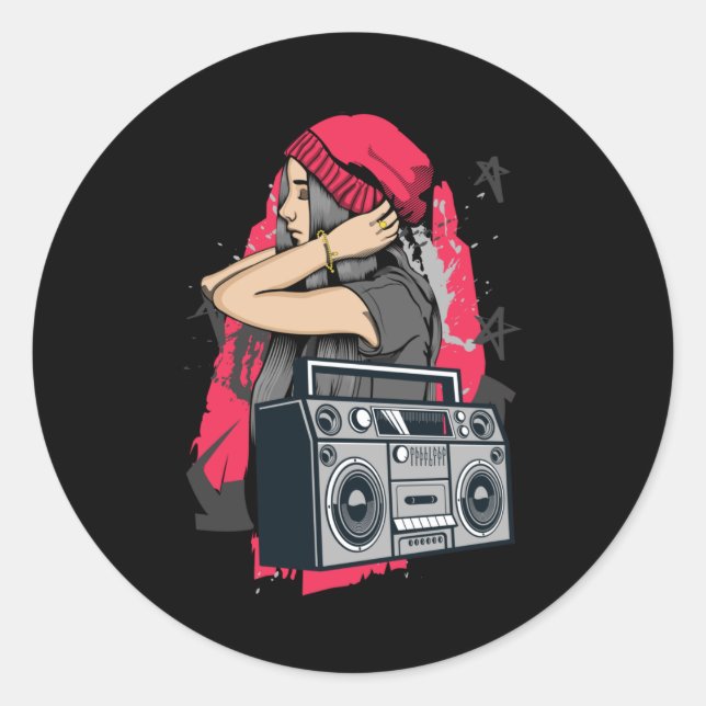 Sticker Rond 80s et 90s Hip hop Music Girl Cassette Radio (Devant)