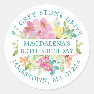 Sticker Rond 80th Birthday Summer Floral Return Adresse Label