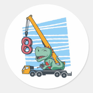 Sticker Rond 8 ans 8e anniversaire grue mobile Dinosaur