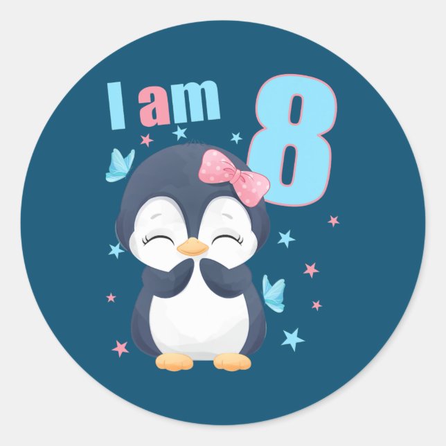 Sticker Rond 8 Years old 8 birthday outfit Boy girl Penguin  (Devant)