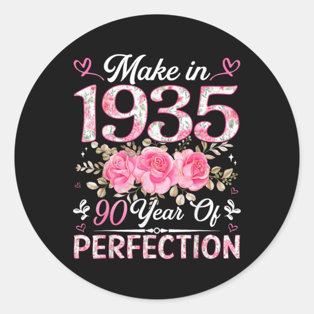 Sticker Rond 90 Ans Fabriqué En 1935 Floral 90e Anniversaire Fe (Devant)