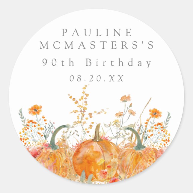 Sticker Rond 90e anniversaire Citrouille Fleur sauvage personna (Devant)