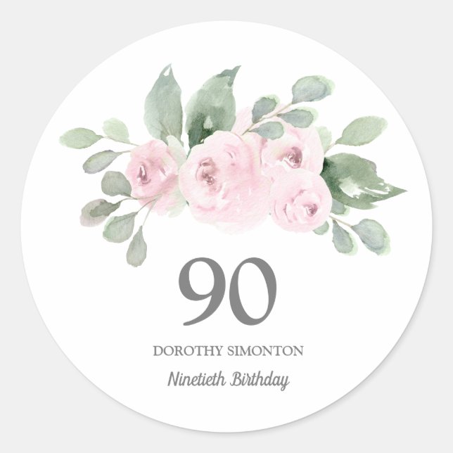 Sticker Rond 90e anniversaire fête rose Eucalyptus (Devant)