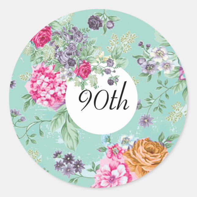 Sticker Rond 90e anniversaire Floral Anniversaire Bleu (Devant)