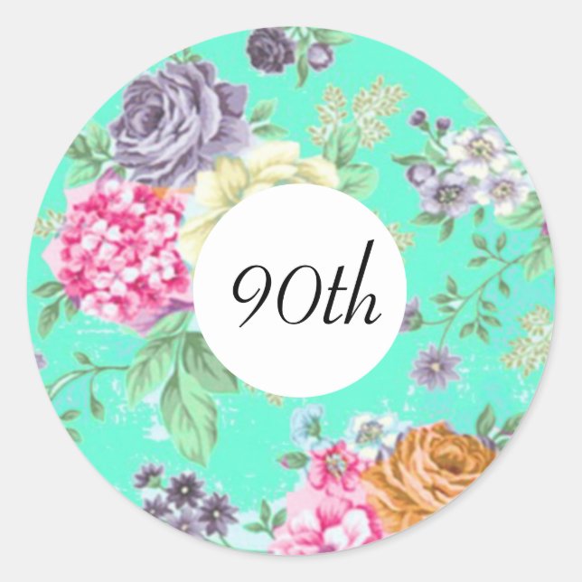 Sticker Rond 90e anniversaire Floral Anniversaire Vert (Devant)
