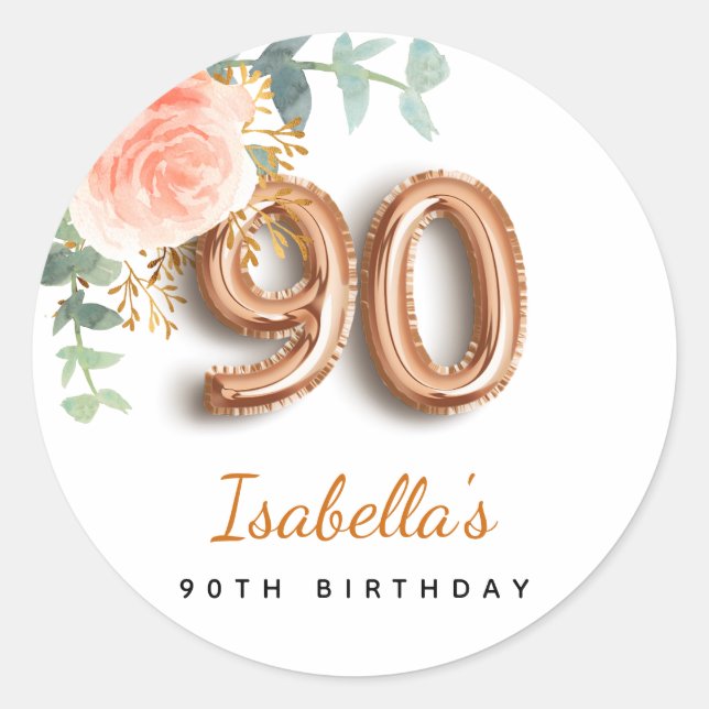 Sticker Rond 90e anniversaire floral rose or eucalyptus monogra (Devant)