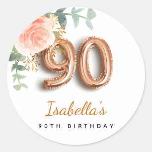 Sticker Rond 90e anniversaire floral rose or eucalyptus monogra