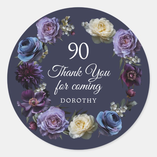 Sticker Rond 90e anniversaire Moody Purple Flower Merci Favor (Devant)