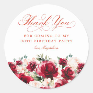 Sticker Rond 90e fête d'anniversaire Merci floral rose rouge
