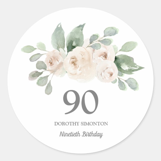 Sticker Rond 90e fête d'anniversaire Rose blanche Eucalyptus (Devant)
