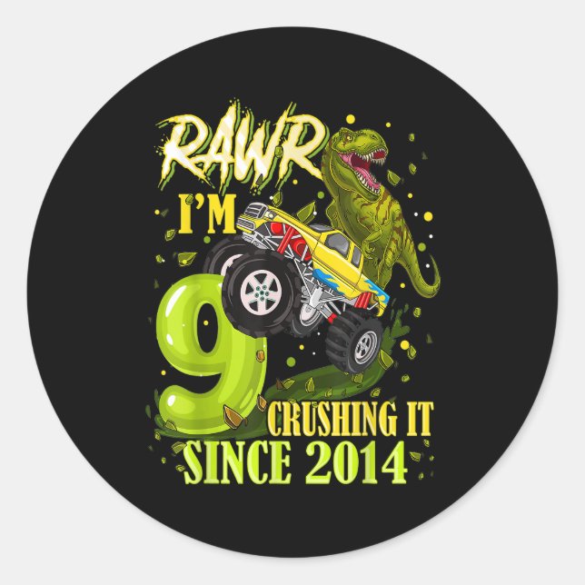 Sticker Rond 9 ans Dinosaur Trex Monster Truck 9e anniversaire (Devant)