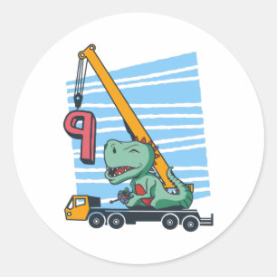 Sticker Rond 9 years 9th Birthday Mobile Crane Dinosaur
