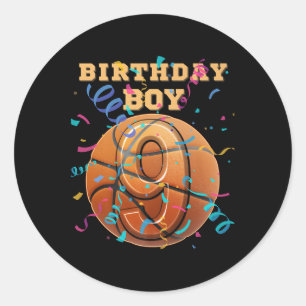 Sticker Rond 9e anniversaire Boy Nine 9 ans Basketball Playe