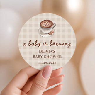 Sticker Rond A Baby is Brewing Gingham Coffee Baby Shower Favor