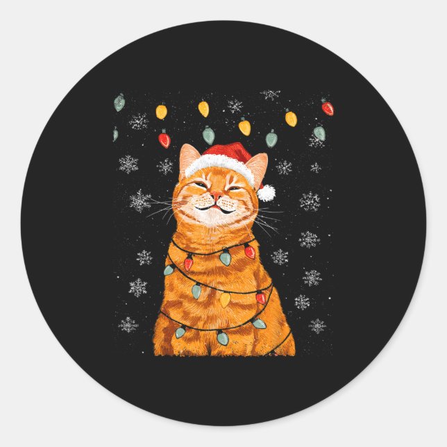 Sticker Rond A Merry Christmas Lights Snowflake Ginger Cat Oran (Devant)