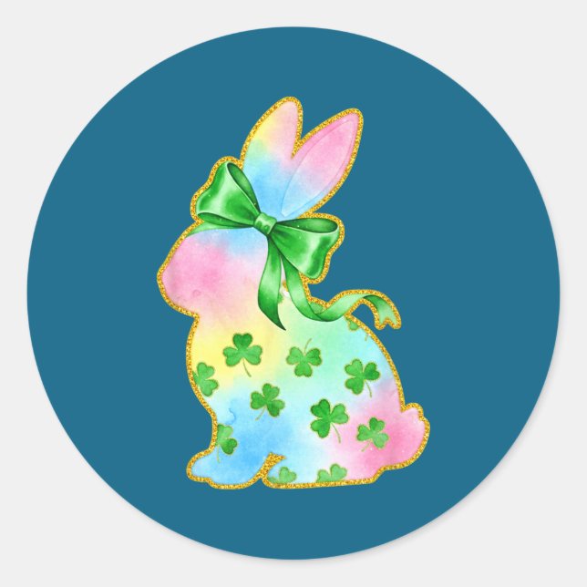 Sticker Rond A Rainbow Rabbit With Green Bow And Shamrock St Pa (Devant)