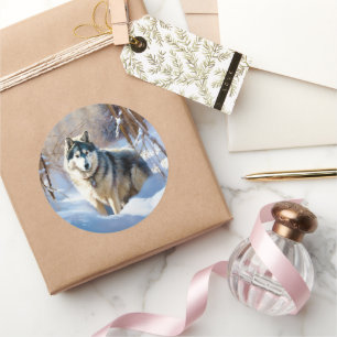 Sticker Rond Aaskan Malamute Laisser Il Neige Noël