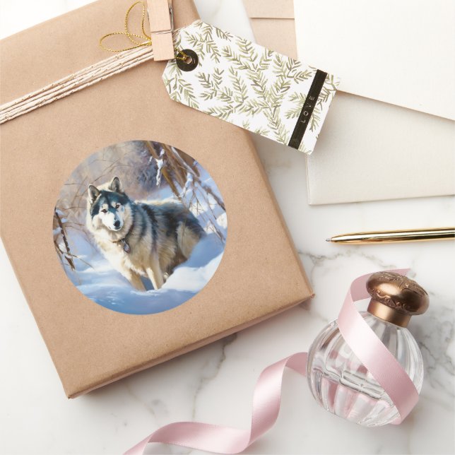 Sticker Rond Aaskan Malamute Laisser Il Neige Noël (Cadeaux)