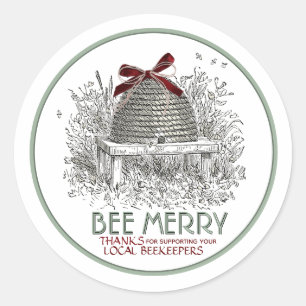 Sticker Rond Abee Merry Holiday Skep au miel avec Stick Bow rou