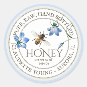 Sticker Rond Abeille de miel et fleurs bleues Miel Blanc et ble