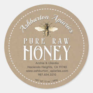 Sticker Rond Abeille de miel vintage Classique Kraft Pure Raw H
