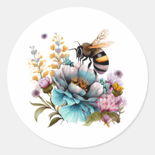 Sticker Rond Abeille et fleurs