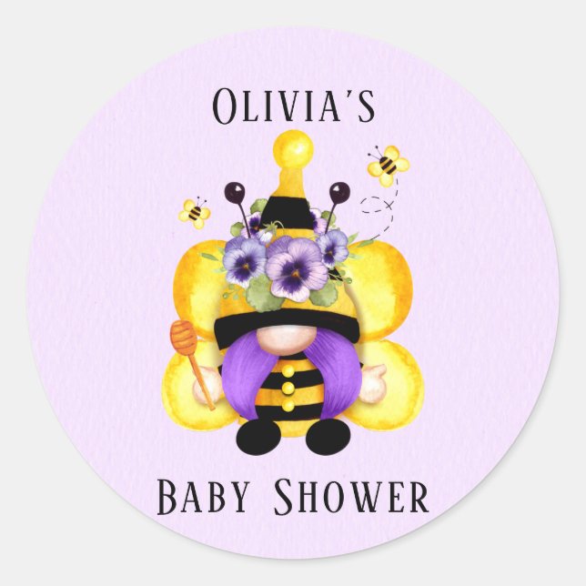 Sticker Rond Abeille Gnome Baby shower jaune pourpre (Devant)
