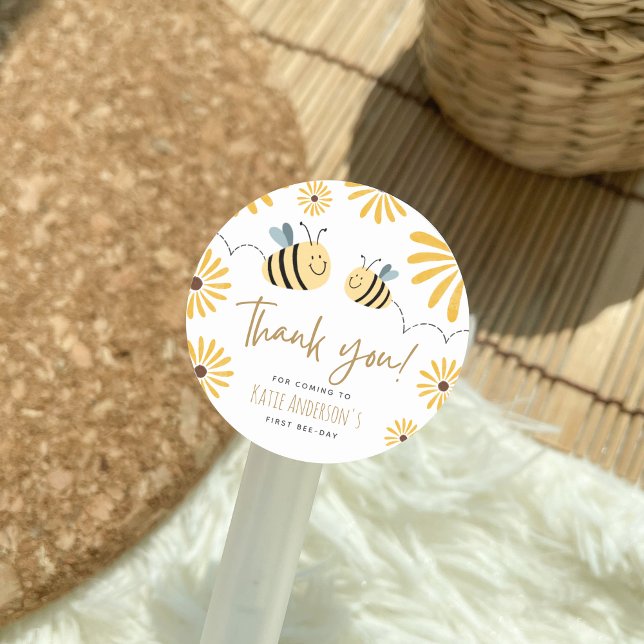 Sticker Rond Abeille jaune et tournesol premier Merci du jour d (Créateur téléchargé)