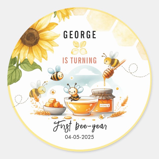 Sticker Rond Abeille jaune mignonne et tournesol 1er Anniversai (Devant)