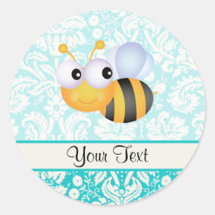 Sticker Rond Abeille mignonne ; modèle Damas Turquoise
