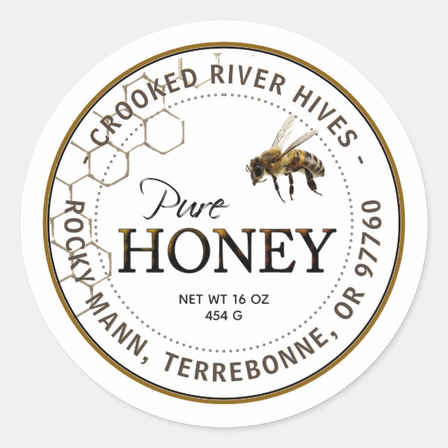 Sticker Rond Abeille réaliste de miel pur avec Motif de nid d'a (Devant)