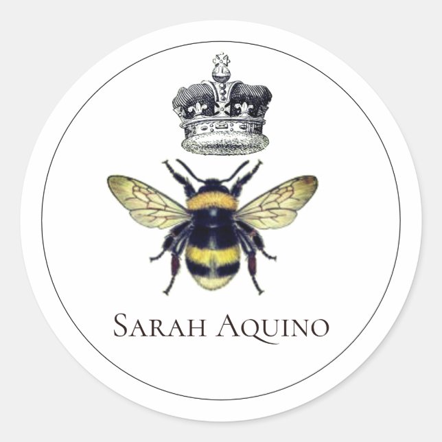 Sticker Rond Abeille Royale Et Couronne Nom Personnalisé (Devant)
