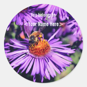 Sticker Rond Abeille sur l'Aster violet Fleur personnalisée ID