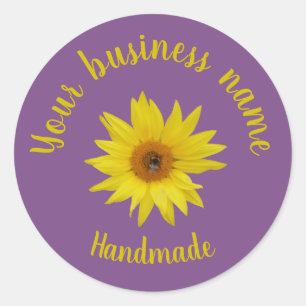 Sticker Rond Abeille sur le tournesol jaune violet script fait 