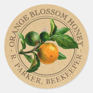Sticker Rond Abeille vintage de miel en fleurs orange Kraft