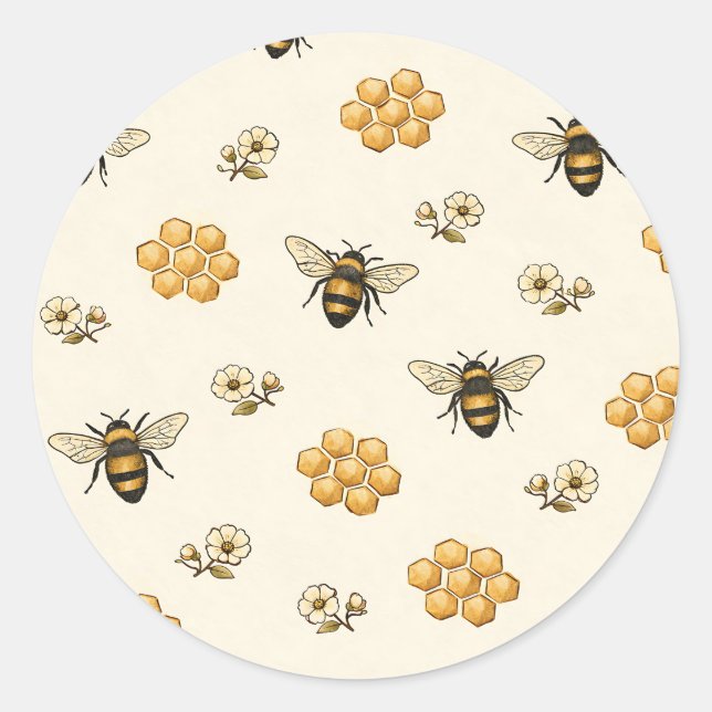 Sticker Rond Abeilles à Miel et Motif Sans Couture de Rayon de  (Devant)