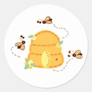 Sticker Rond Abeilles affairées avec leur ruche