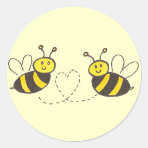 Sticker Rond Abeilles de miel avec Arrière - plan de coeur jaun