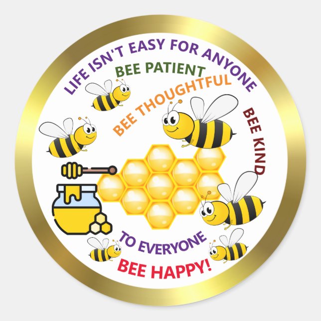 Sticker Rond Abeilles de miel mignonnes utiles et heureuses (Devant)