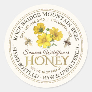 Sticker Rond Abeilles vintages et Fleur sauvage Miel Hand Boute