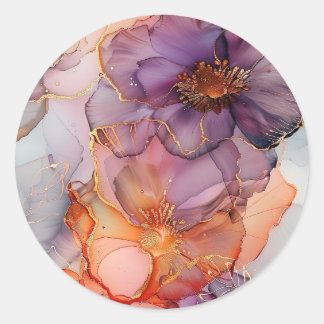 Sticker Rond Abstract Purple Orange Gold Marble Alcohol Ink 