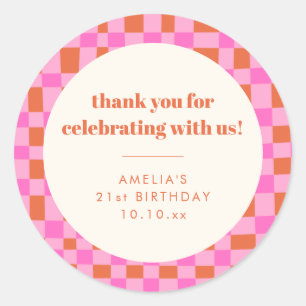 Sticker Rond Abstrait Checker rose Personnalisé 21e anniversair