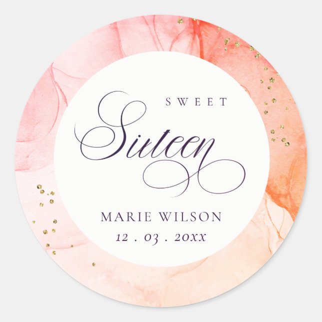 Sticker Rond Abstrait Pastel Rose Orange Sweet 16 Anniversaire (Devant)
