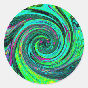 Sticker Rond Abstrait Rétro Groovy Tourbillon Vert et Magenta