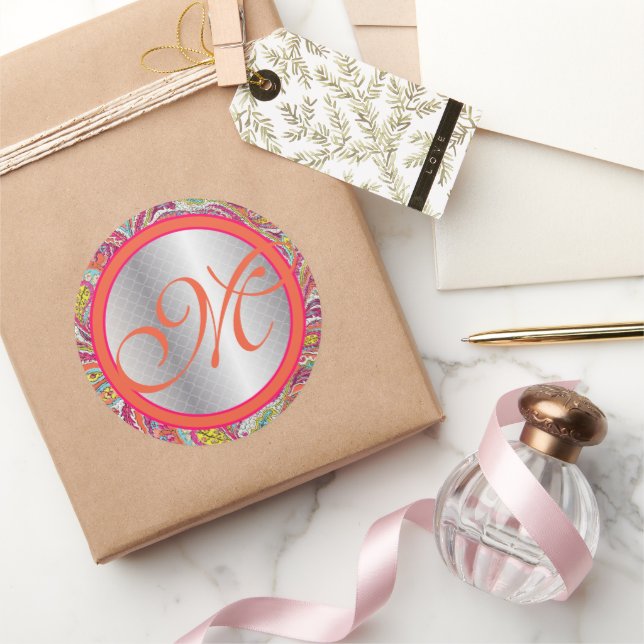 Sticker Rond Accents Argent Peacock Paisley Tangerine Hot Rose (Cadeaux)