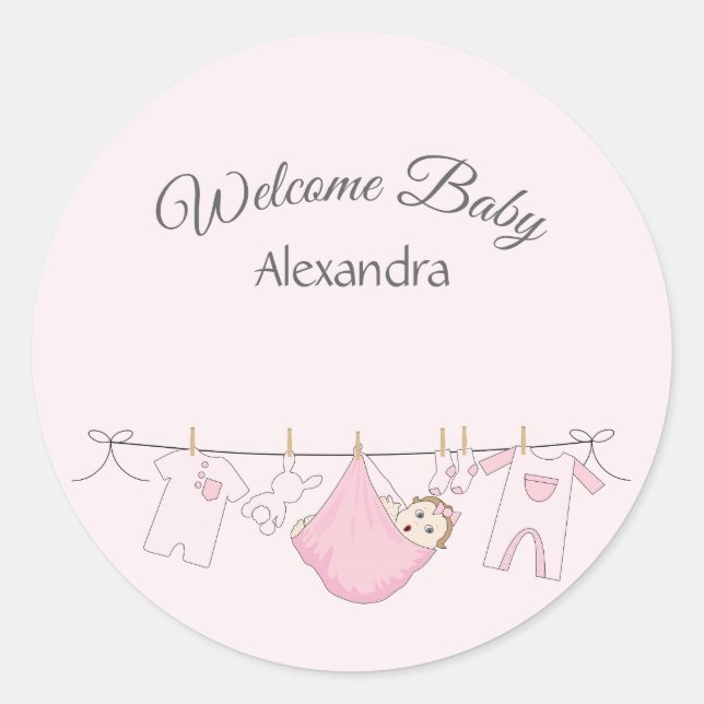 Sticker Rond Accueil Gris et rose Bébé Fille adorable (Devant)